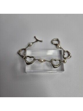 Tiffany & Co. Sterling Silver Pearl Elsa Peretti Open Heart Toggle Bracelet